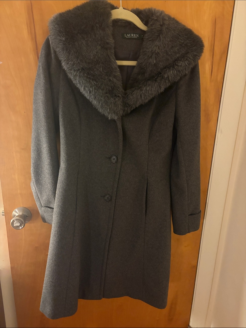 Lauren Ralph Lauren Dark Gray Wool Trench Coat with Faux Fur Collar